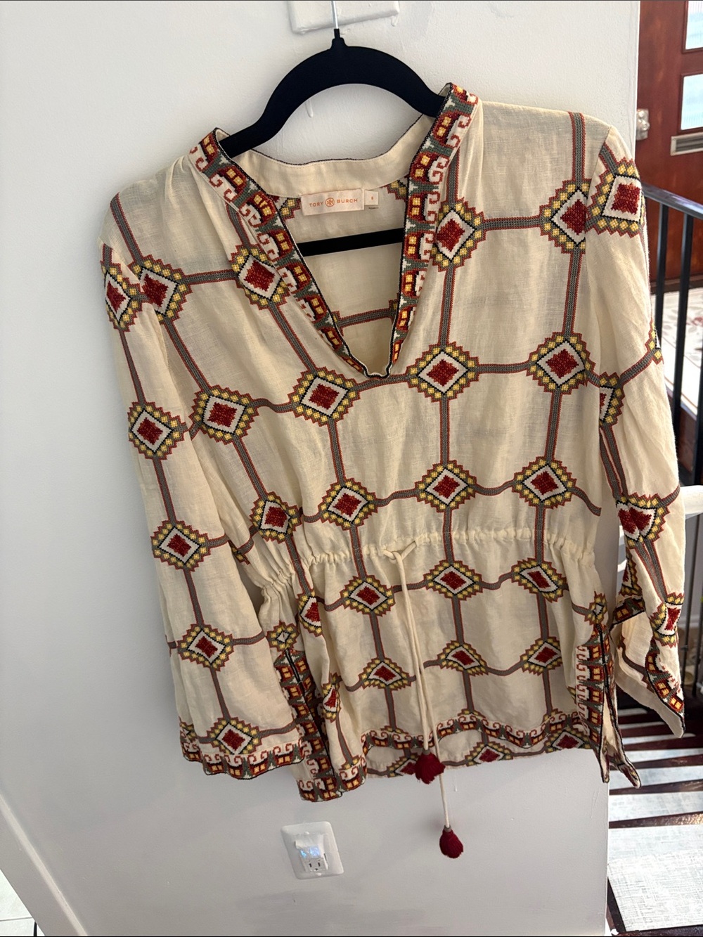 Tory Burch Cream Embroidered Geometric Tunic with Red & Brown Accents